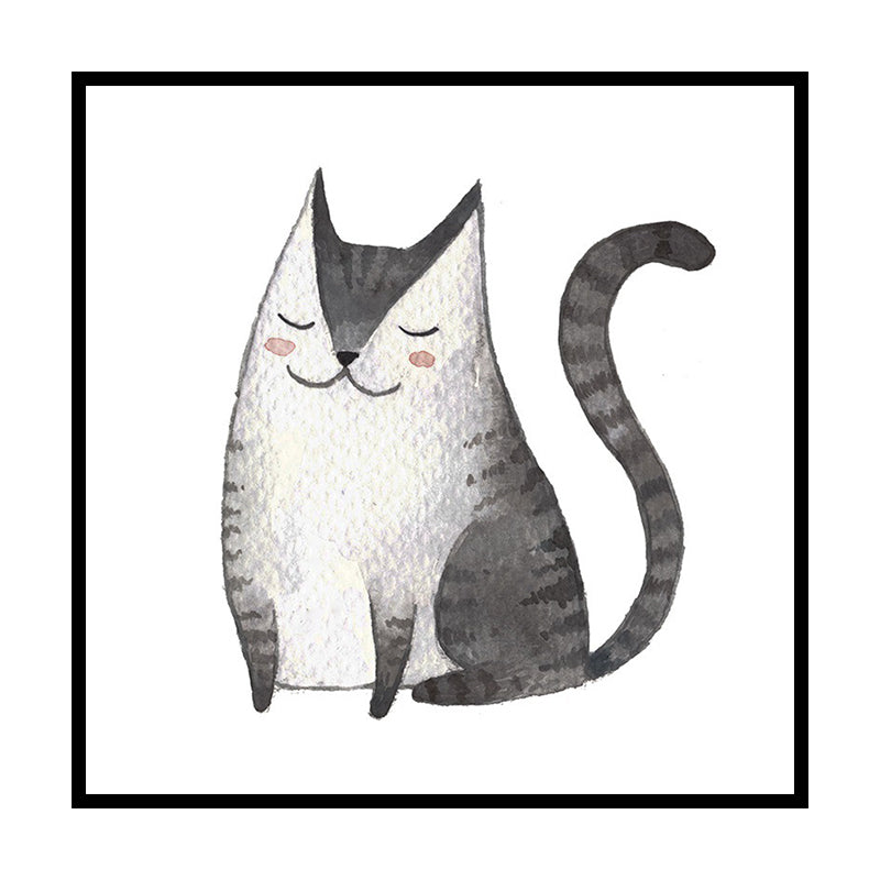 Childrens Art Cat Canvas Print White Botanical Wall Decor for Kids Bedroom, Textured