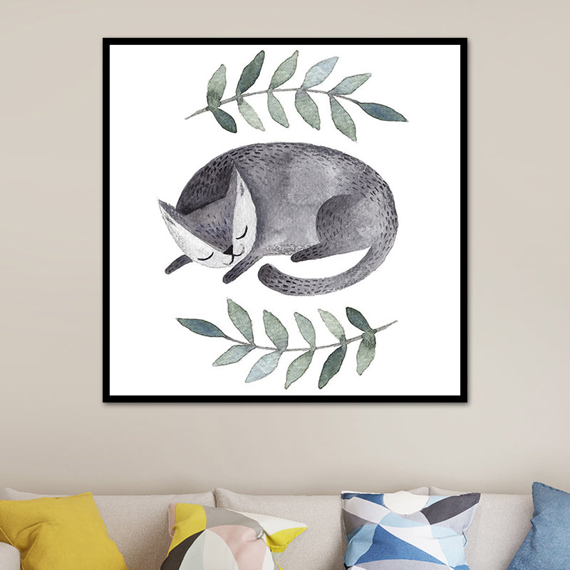 Childrens Art Cat Canvas Print White Botanical Wall Decor for Kids Bedroom, Textured