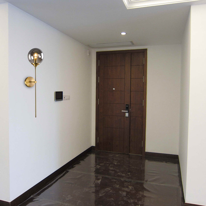 Modern Globe Shade Wall Lighting Single Bulb Clear/Grey/Amber Glass Sconce Light in Brass for Bedroom