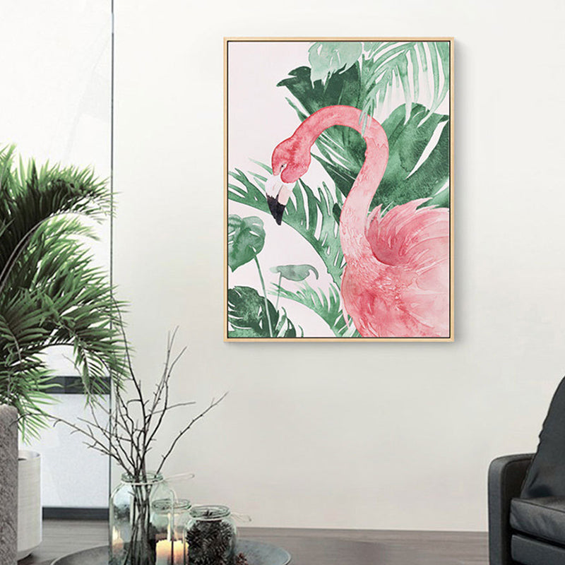 Pink-Green Kids Wall Art Flamingo and Leaves Print Canvas for Sitting Room, Textured