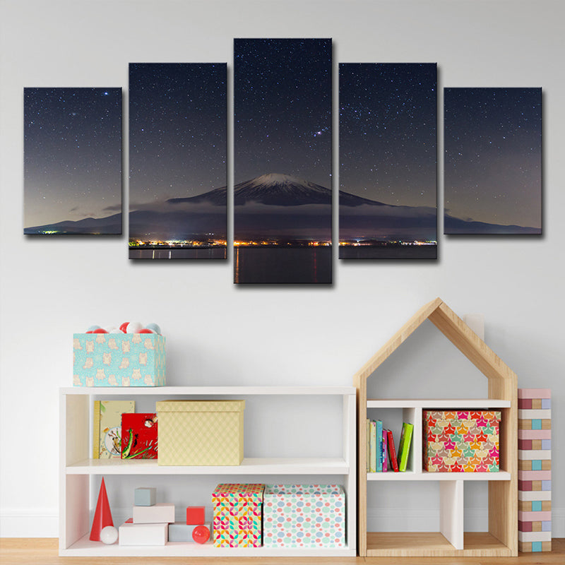 Mount Fuji Starry Night Wall Decor in Black Canvas Made Wall Art for Room, Multi-Piece