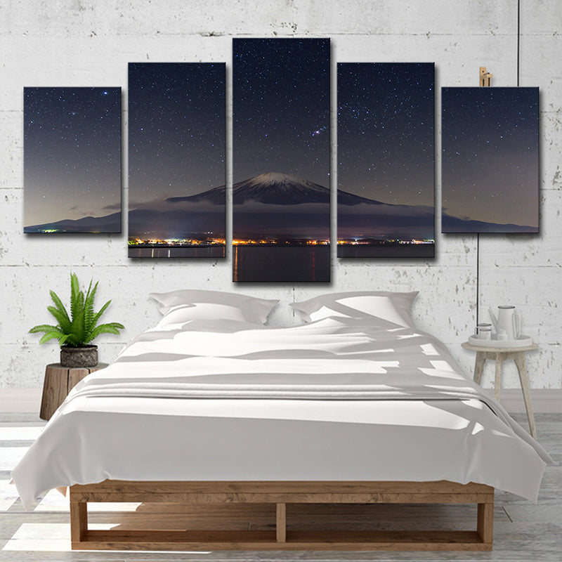 Mount Fuji Starry Night Wall Decor in Black Canvas Made Wall Art for Room, Multi-Piece
