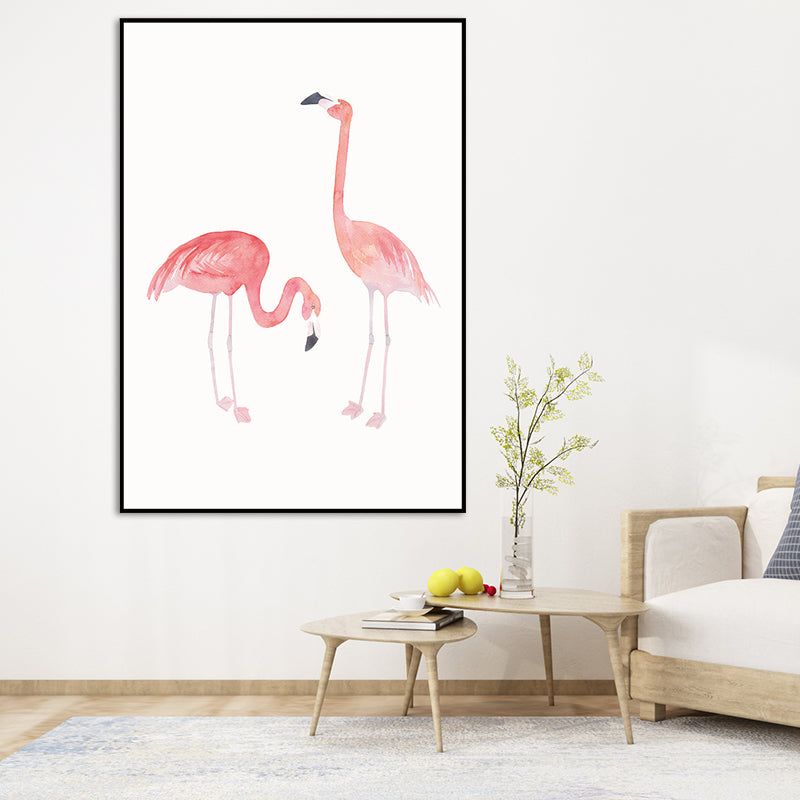 Trendy Flamingo Painting Wall Art for Living Room Animal Print Canvas in Pink-White