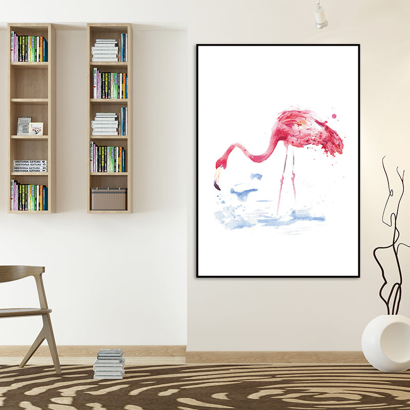Trendy Flamingo Painting Wall Art for Living Room Animal Print Canvas in Pink-White
