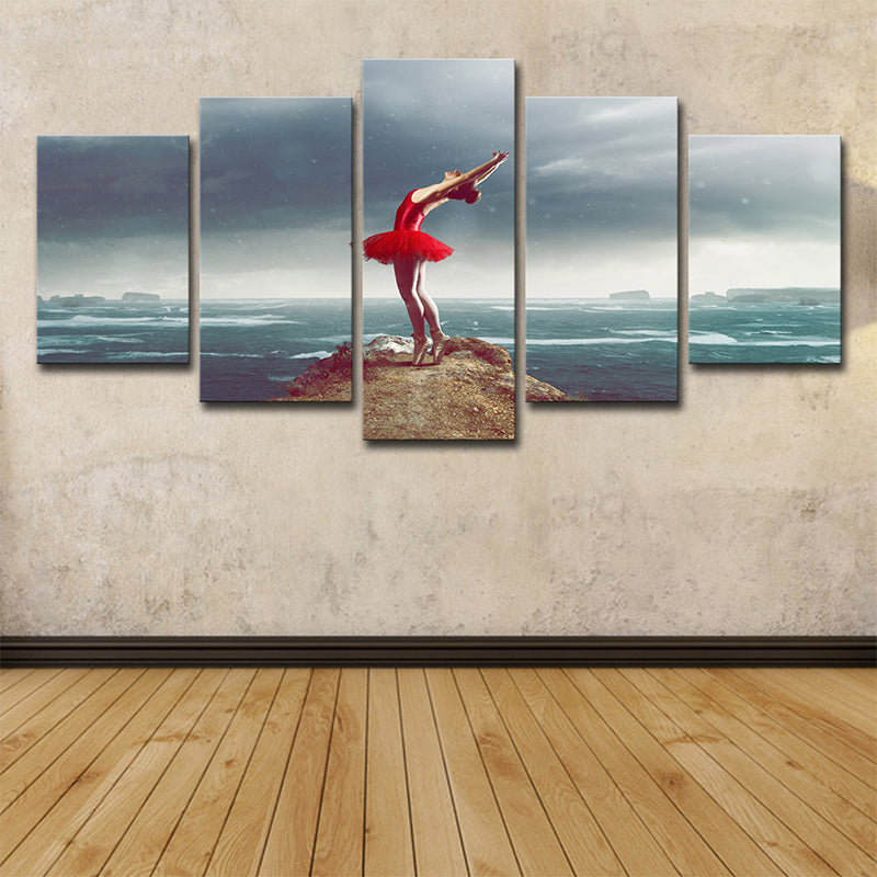Glam Ballerina Wall Art Blue and Red Ocean Island Scenery Canvas for Living Room