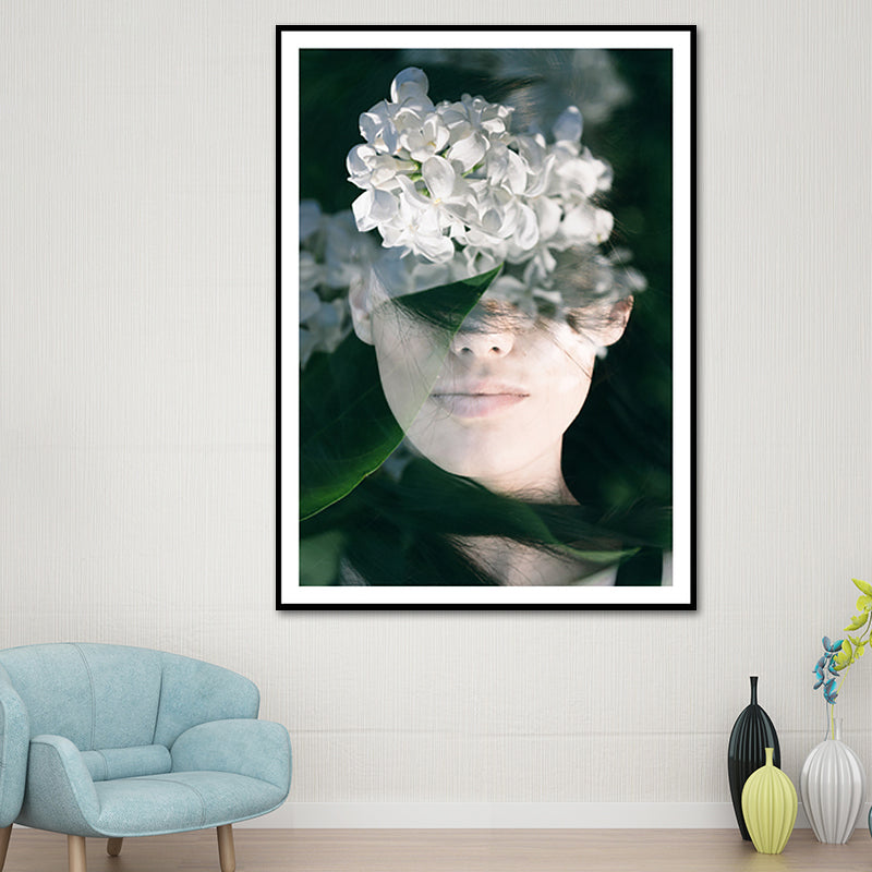 Photography Woman and Flowers Canvas Wall Art for Girls Bedroom, Green and White