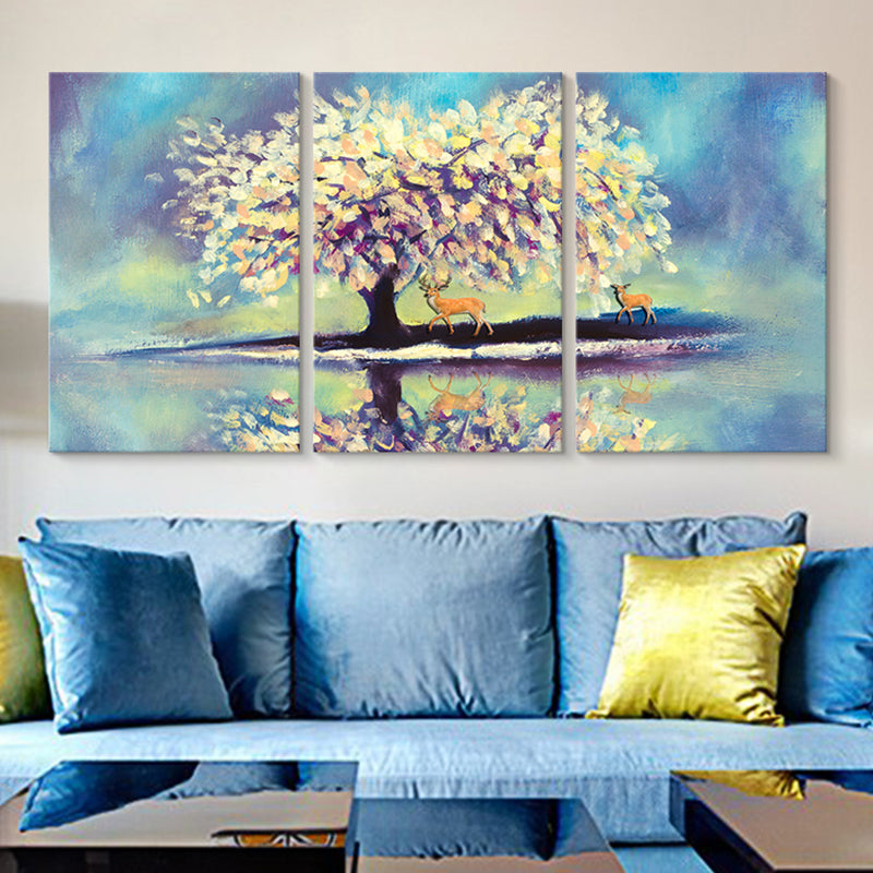 Blue Lake Reflection Canvas Art Deer and Tree Painting Kids Multi-Piece Wall Decor