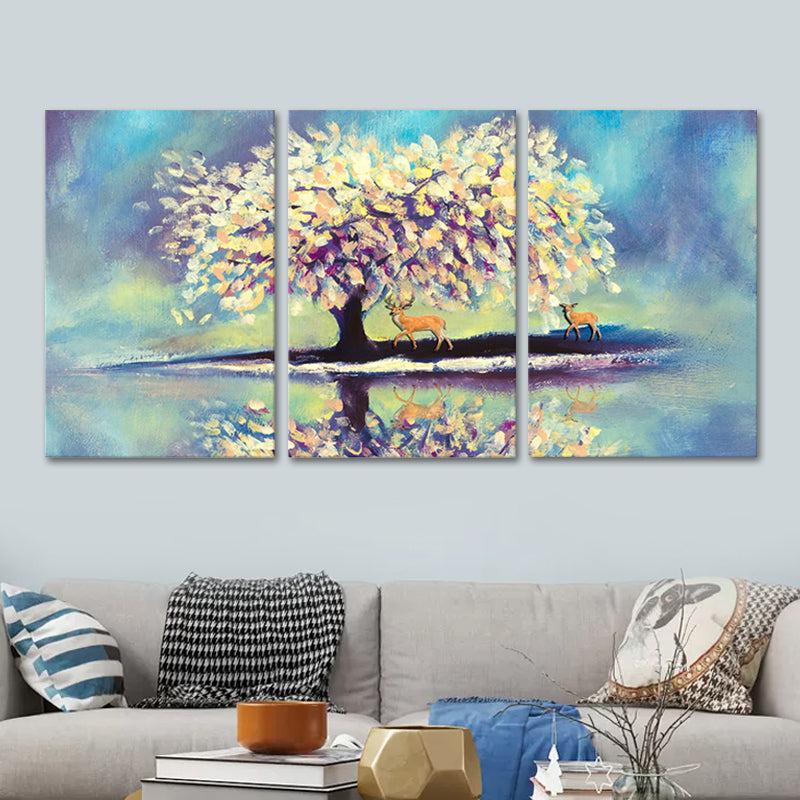 Blue Lake Reflection Canvas Art Deer and Tree Painting Kids Multi-Piece Wall Decor