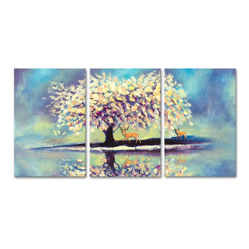 Blue Lake Reflection Canvas Art Deer and Tree Painting Kids Multi-Piece Wall Decor