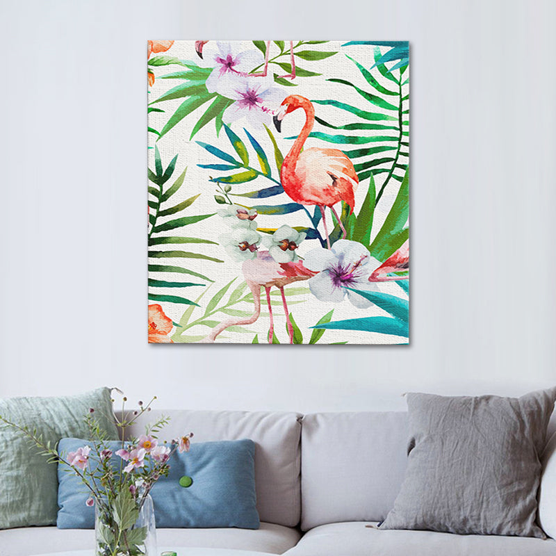 Childrens Art Canvas in Green Flamingo and Flower Wall Decoration for Living Room