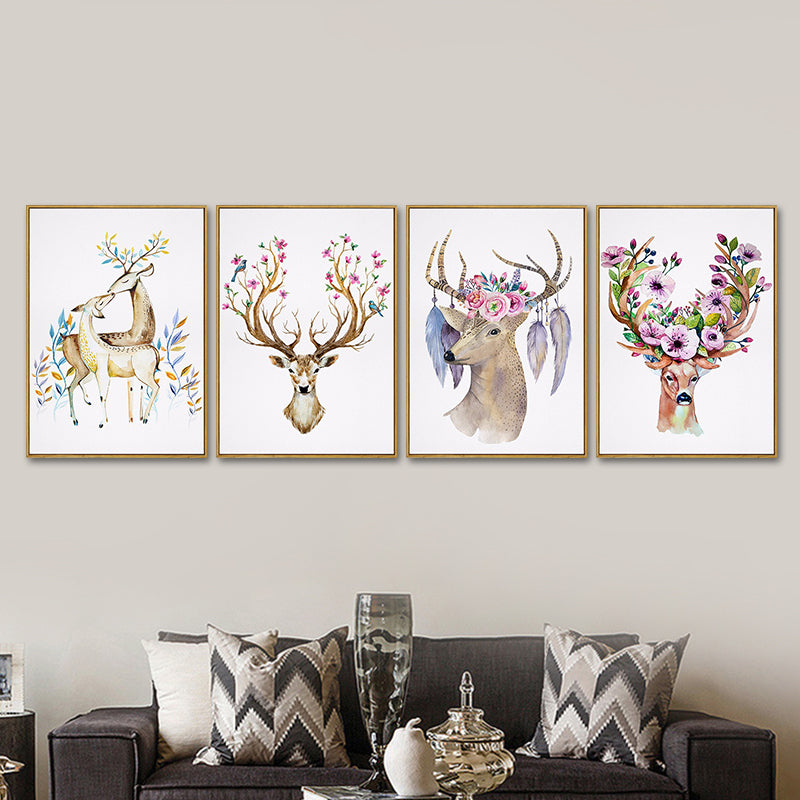 Elk with Flower Antler Art Print Trendy Canvas Wall Decor in Brown for Dorm Room