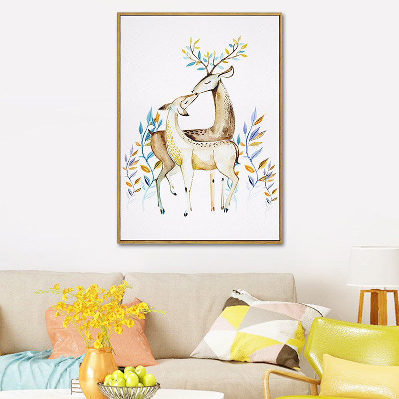 Elk with Flower Antler Art Print Trendy Canvas Wall Decor in Brown for Dorm Room