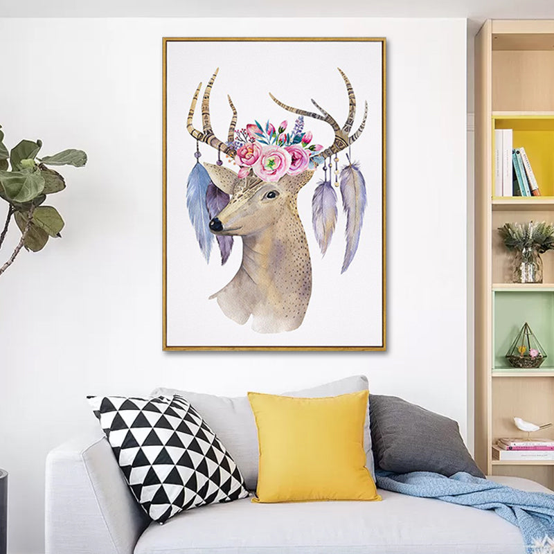 Elk with Flower Antler Art Print Trendy Canvas Wall Decor in Brown for Dorm Room