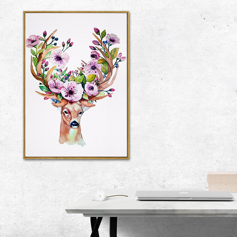 Elk with Flower Antler Art Print Trendy Canvas Wall Decor in Brown for Dorm Room