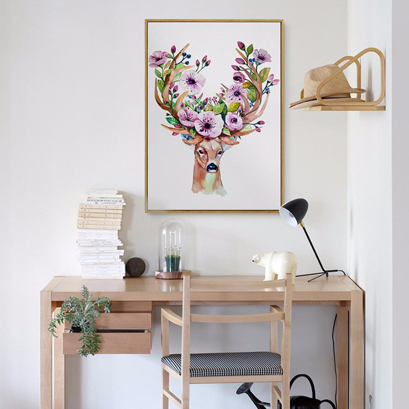 Elk with Flower Antler Art Print Trendy Canvas Wall Decor in Brown for Dorm Room