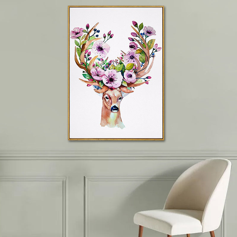 Elk with Flower Antler Art Print Trendy Canvas Wall Decor in Brown for Dorm Room