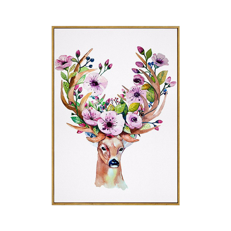 Elk with Flower Antler Art Print Trendy Canvas Wall Decor in Brown for Dorm Room