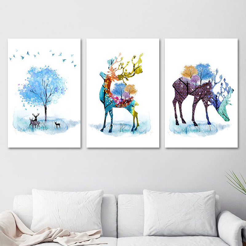 Deer and Tree Watercolor Canvas Print Textured Kids Style Bedroom Wall Art