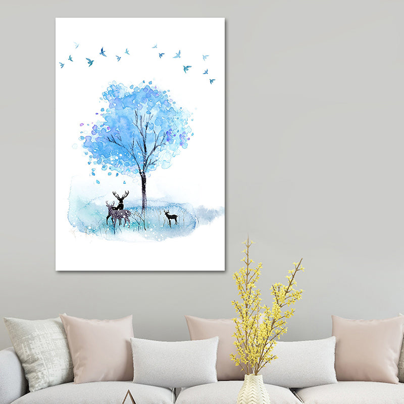 Deer and Tree Watercolor Canvas Print Textured Kids Style Bedroom Wall Art