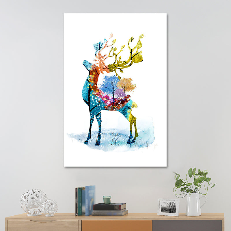 Deer and Tree Watercolor Canvas Print Textured Kids Style Bedroom Wall Art