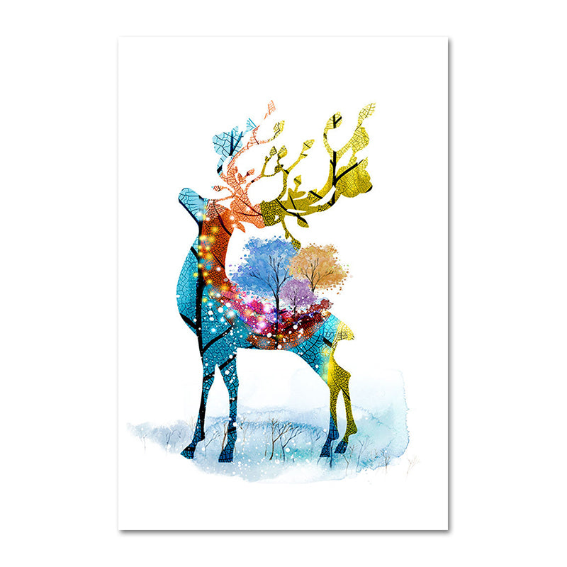 Deer and Tree Watercolor Canvas Print Textured Kids Style Bedroom Wall Art