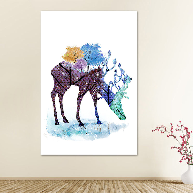 Deer and Tree Watercolor Canvas Print Textured Kids Style Bedroom Wall Art