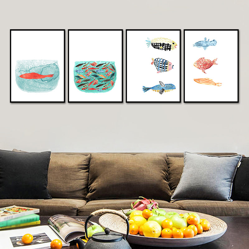 Fish Drawing Wall Decor Textured Childrens Art Dining Room Canvas Print in White