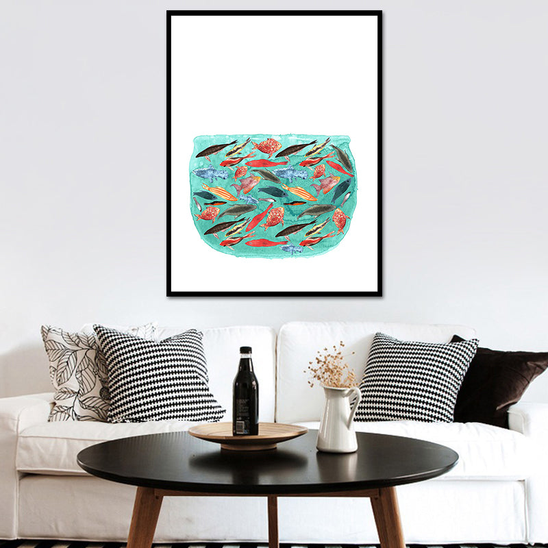 Fish Drawing Wall Decor Textured Childrens Art Dining Room Canvas Print in White