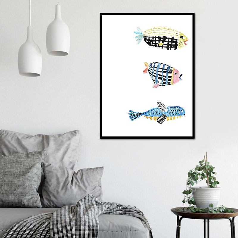 Fish Drawing Wall Decor Textured Childrens Art Dining Room Canvas Print in White