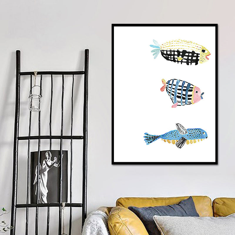 Fish Drawing Wall Decor Textured Childrens Art Dining Room Canvas Print in White