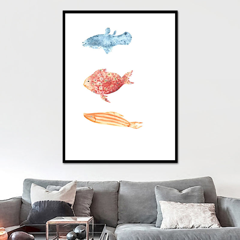 Fish Drawing Wall Decor Textured Childrens Art Dining Room Canvas Print in White