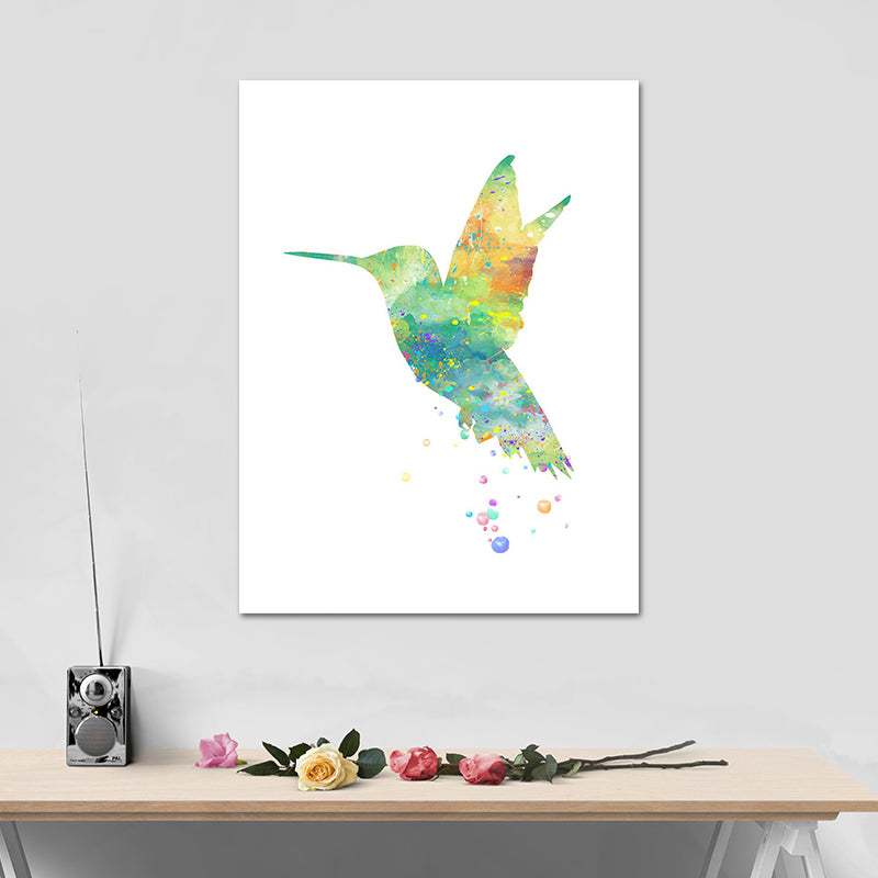 Kids Hummingbird Painting Wall Art Green Watercolor Canvas Print for Child Bedroom