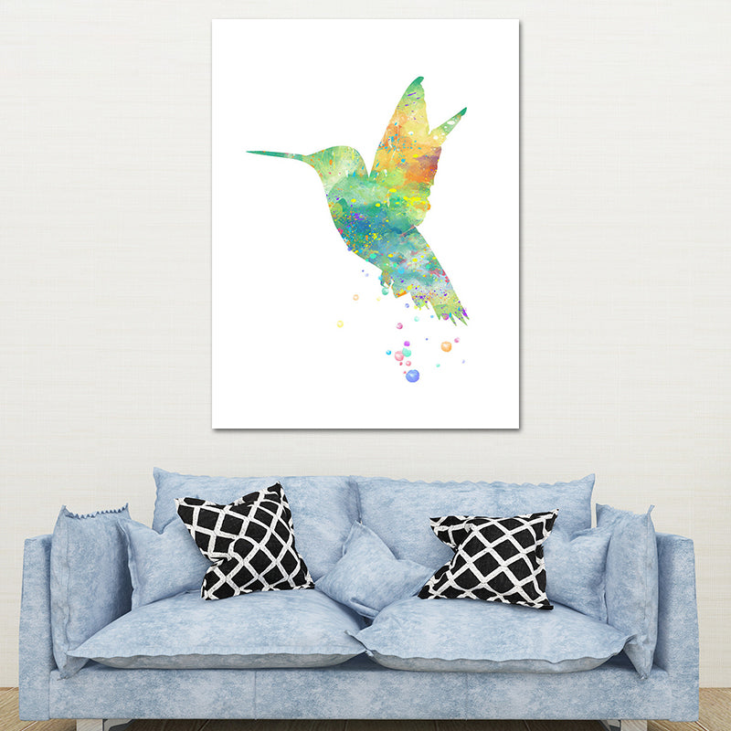 Kids Hummingbird Painting Wall Art Green Watercolor Canvas Print for Child Bedroom
