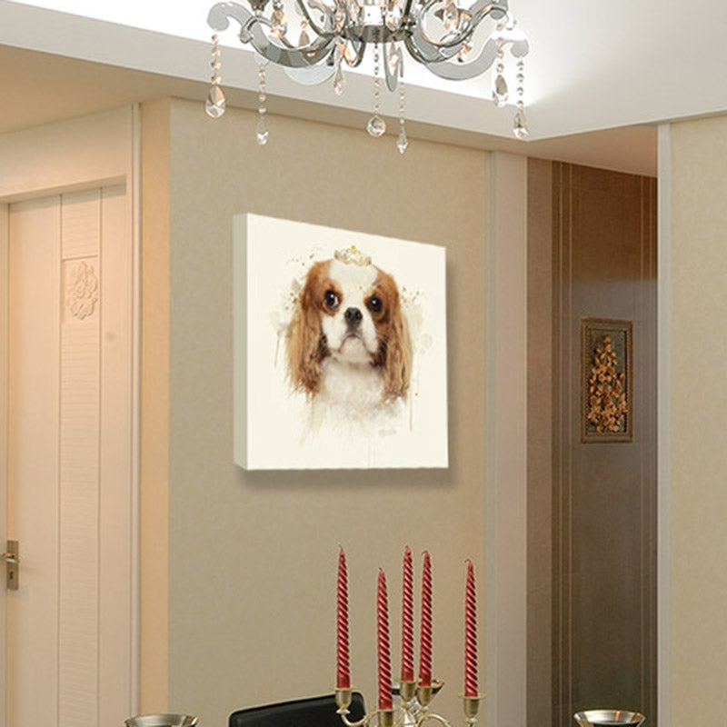 Kids Princess Beagle Art Print Yellow-Brown Puppy Dog Painting Wall Decor for Room