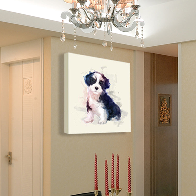 Childrens Art Puppy Canvas Print Black and White Baby Room Wall Decor, Textured Surface