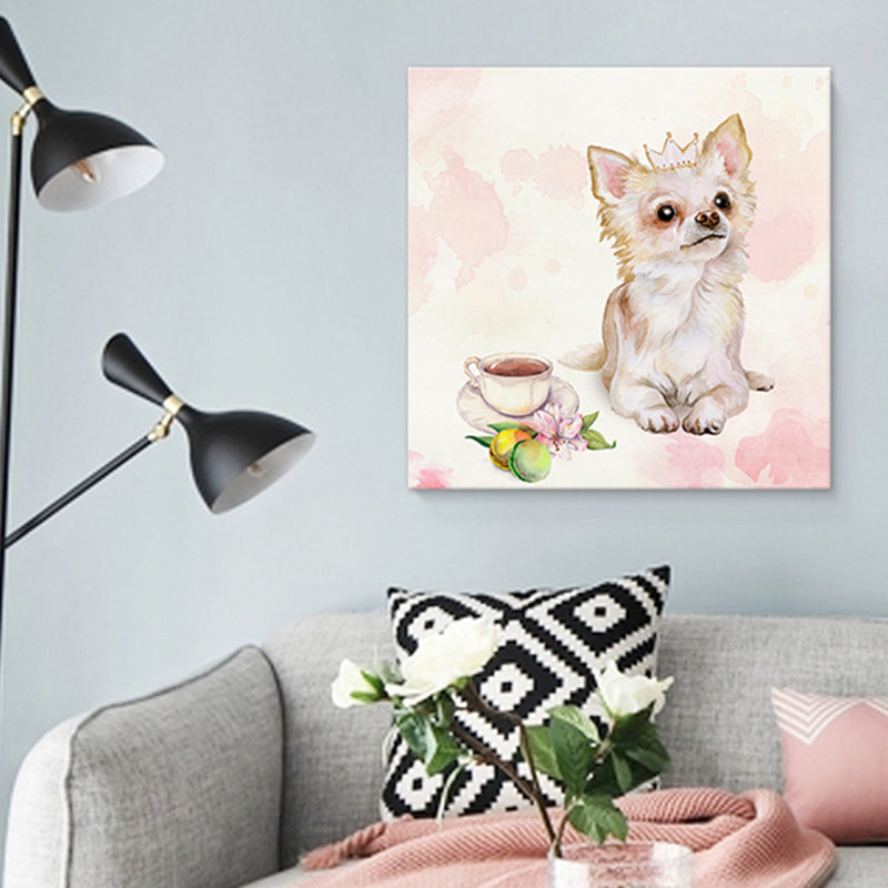 Pet Dog and Coffee Canvas Childrens Art Cute Animals Painting Wall Decor in Pink