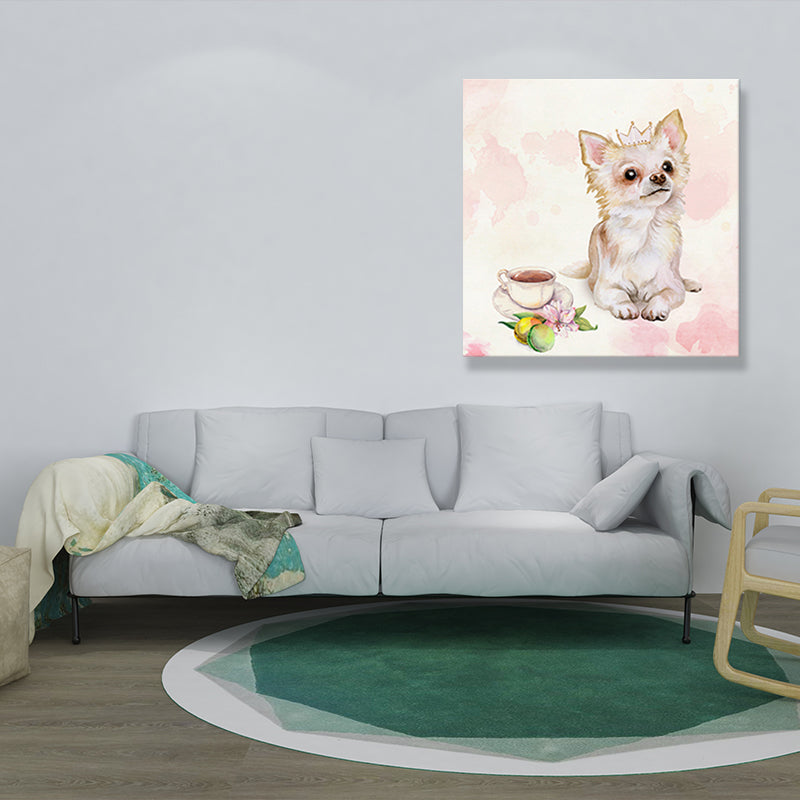 Pet Dog and Coffee Canvas Childrens Art Cute Animals Painting Wall Decor in Pink
