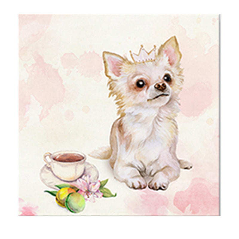 Pet Dog and Coffee Canvas Childrens Art Cute Animals Painting Wall Decor in Pink