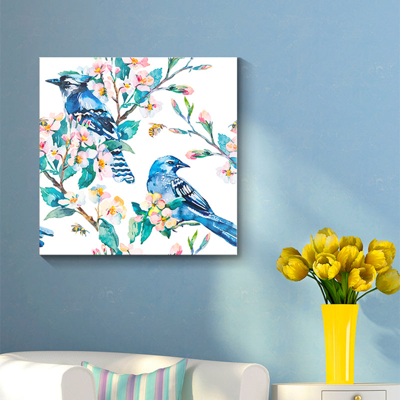 Bright Color Childrens Art Painting Bird and Flower Branch Canvas Print for Dining Room