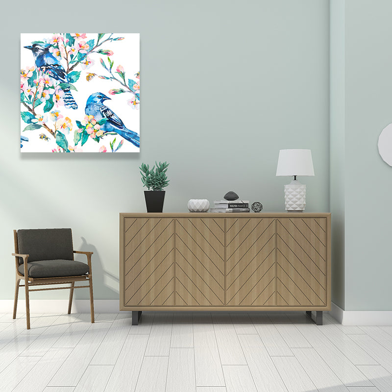 Bright Color Childrens Art Painting Bird and Flower Branch Canvas Print for Dining Room