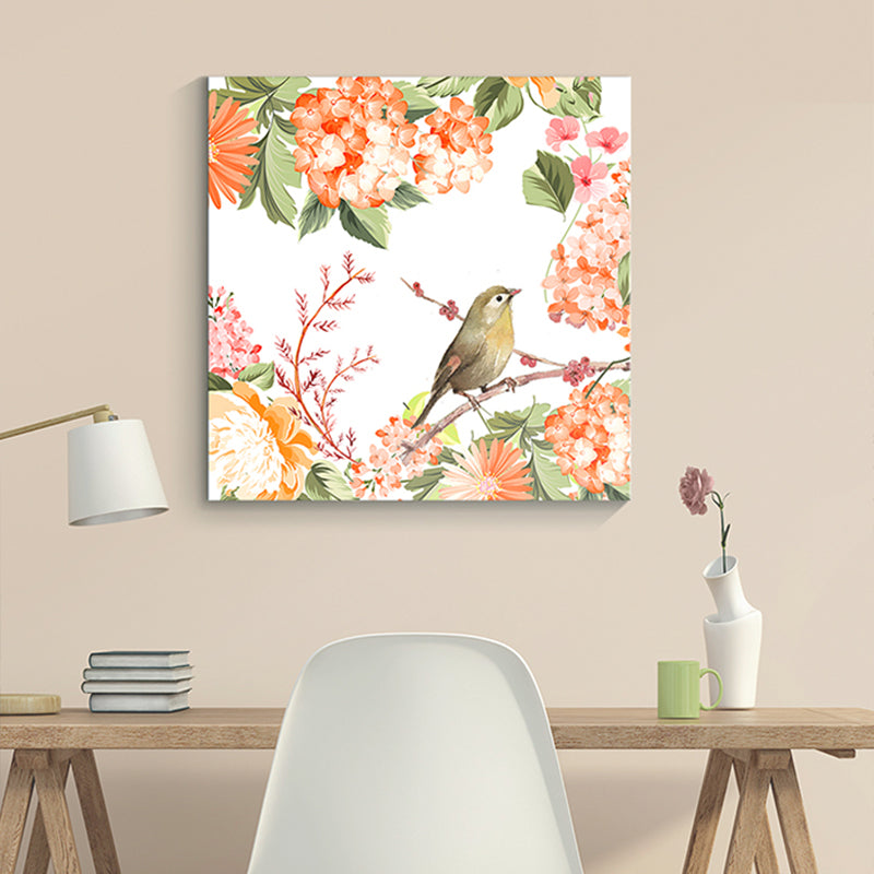 Bright Color Childrens Art Painting Bird and Flower Branch Canvas Print for Dining Room