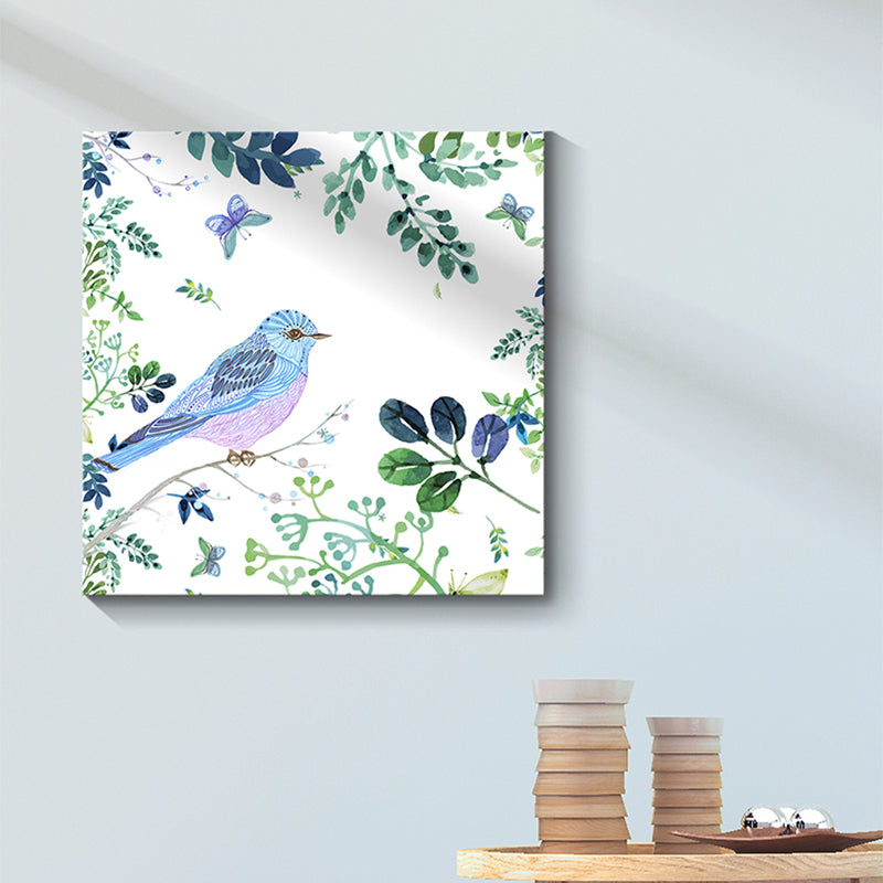 Bright Color Childrens Art Painting Bird and Flower Branch Canvas Print for Dining Room