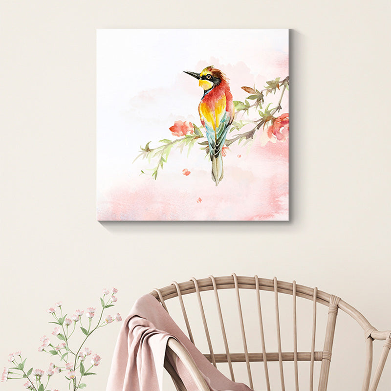 Flower Branch Magpie Canvas Print Textured Childrens Art Living Room Wall Decor in Pink