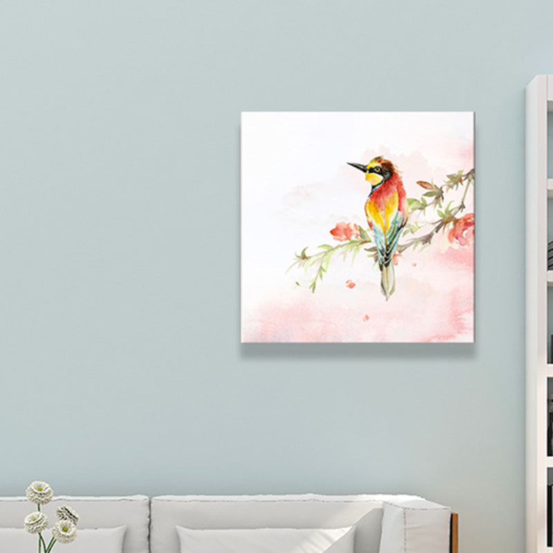 Flower Branch Magpie Canvas Print Textured Childrens Art Living Room Wall Decor in Pink