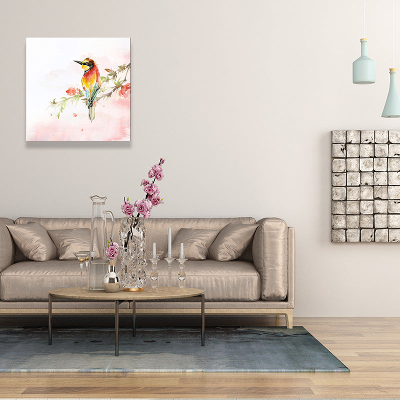 Flower Branch Magpie Canvas Print Textured Childrens Art Living Room Wall Decor in Pink