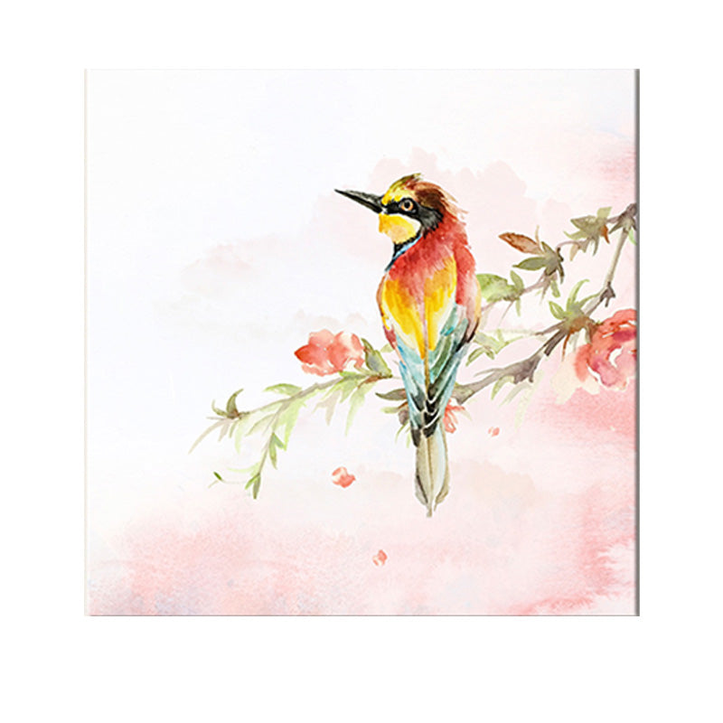 Flower Branch Magpie Canvas Print Textured Childrens Art Living Room Wall Decor in Pink