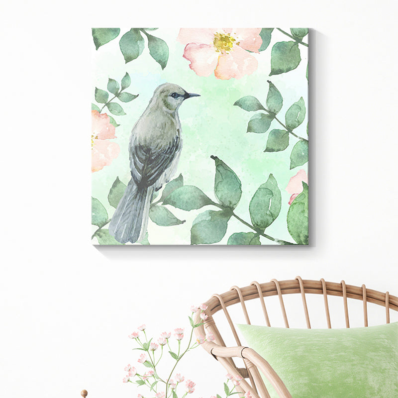 Impression d'art oiseau avec fleur en fleurs, couleur Pastel, décoration murale de Style enfants pour salle familiale