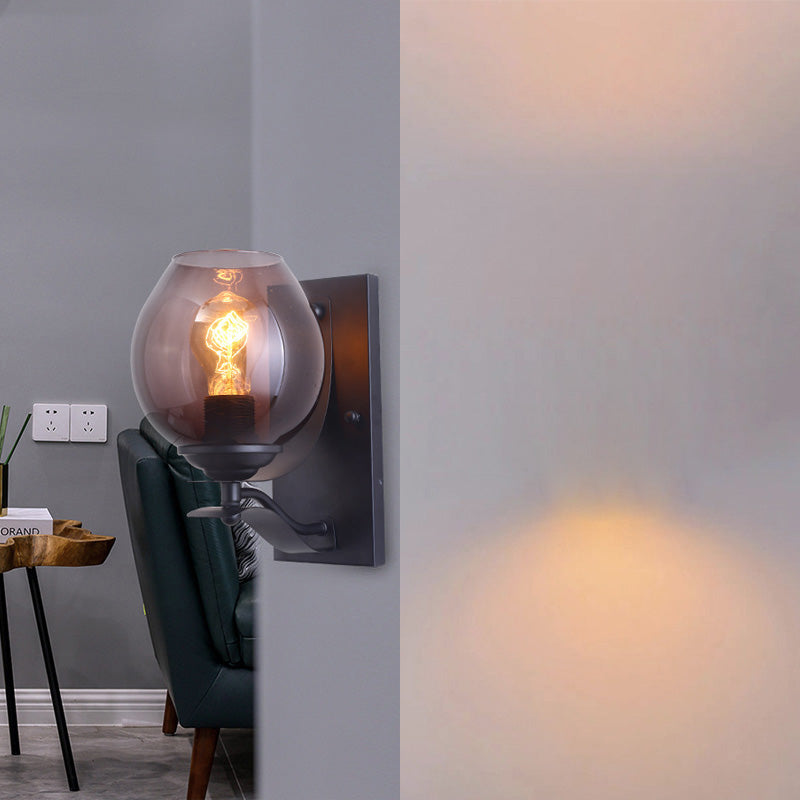 One Light Wall Sconce Lighting with Orb Shade Grey Glass Industrial Coffee Shop Light Fixture in Black