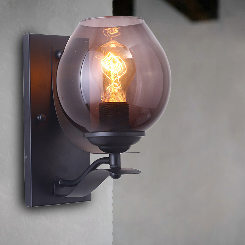 One Light Wall Sconce Lighting with Orb Shade Grey Glass Industrial Coffee Shop Light Fixture in Black