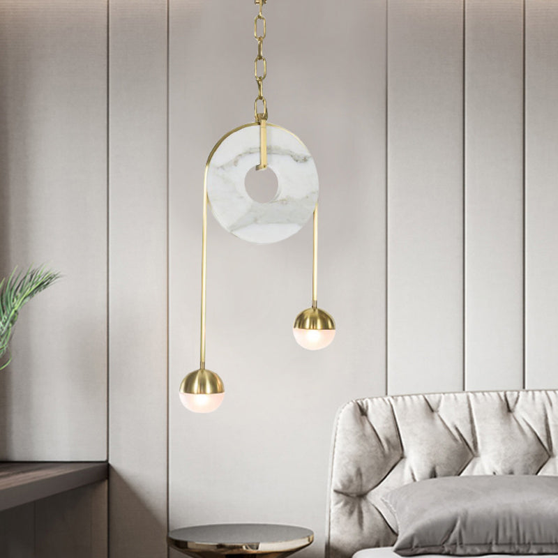 Gold Ball Anhänger Beleuchtung Post moderne 2 Lichter weiße Glas LED Hängende Lampe mit Riemenscheibe und Kette